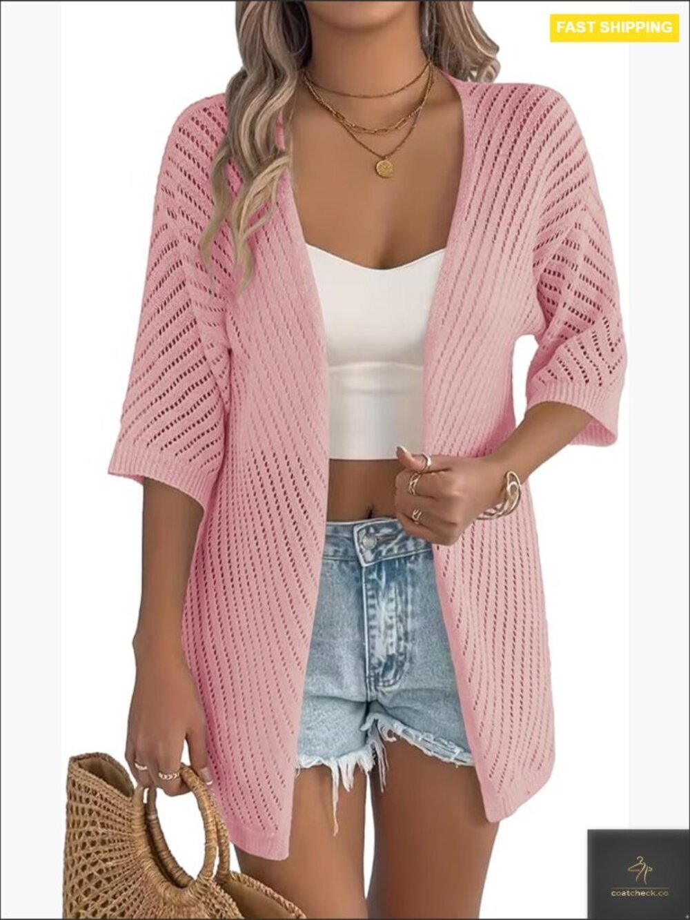 Lightweight Crochet Cardigan Short Sleeve V-Neck Open Front Summer Cover Up Boho